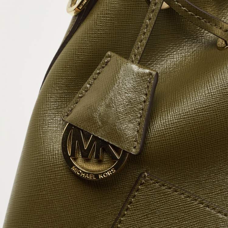 Pre Owned Michael Kors Olive Green Leather Medium Greenwich Bucket Bag