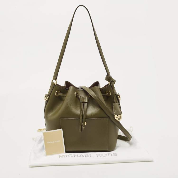 Pre Owned Michael Kors Olive Green Leather Medium Greenwich Bucket Bag
