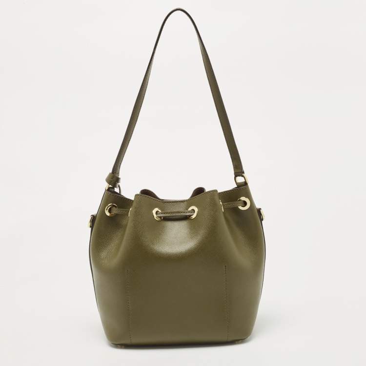 Pre Owned Michael Kors Olive Green Leather Medium Greenwich Bucket Bag