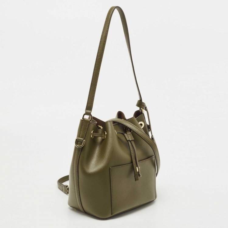 Pre Owned Michael Kors Olive Green Leather Medium Greenwich Bucket Bag