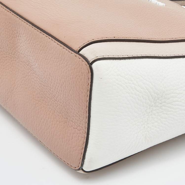 Pre Owned Michael Kors Beige/White Leather Small Gemma Tote
