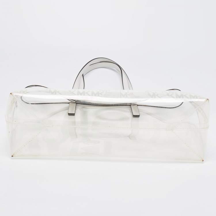 Pre Owned Michael Kors White PVC and Leather Logo Tote
