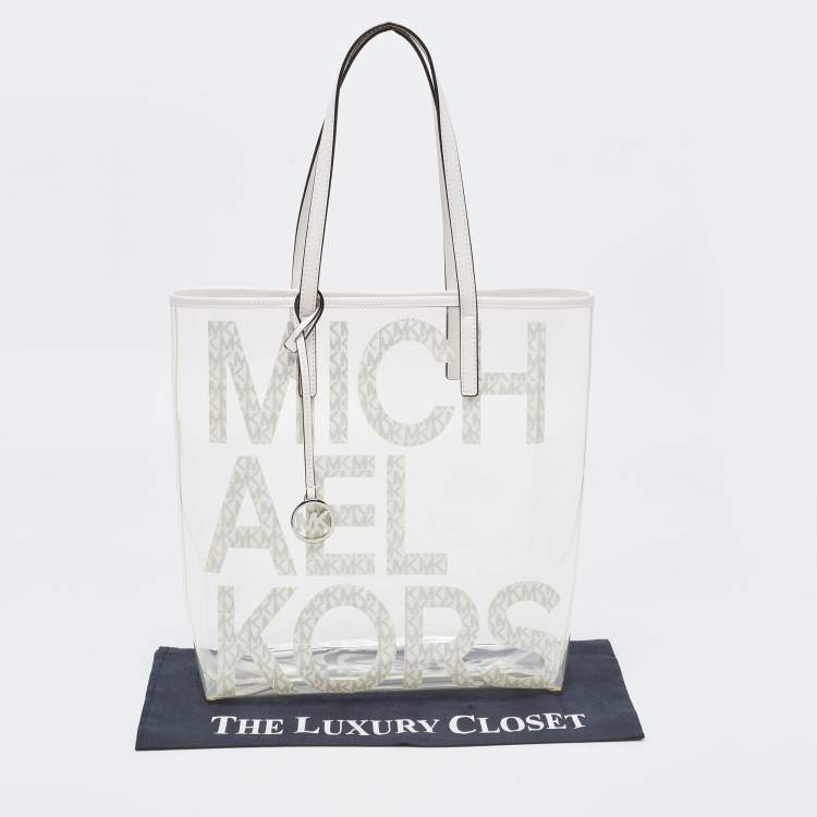 Pre Owned Michael Kors White PVC and Leather Logo Tote