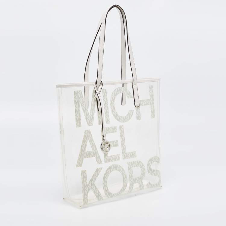 Pre Owned Michael Kors White PVC and Leather Logo Tote