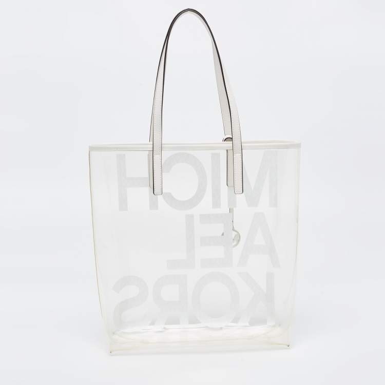 Pre Owned Michael Kors White PVC and Leather Logo Tote
