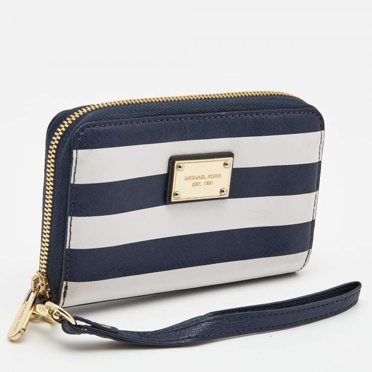 Pre Owned Michael Kors Blue/White Leather Striped Zip Around Wallet