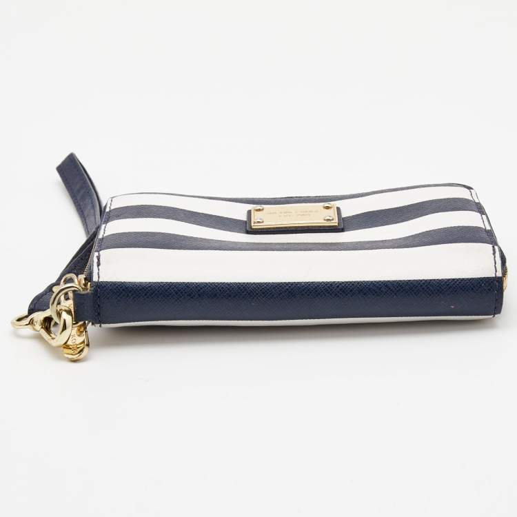 Pre Owned Michael Kors Blue/White Leather Striped Zip Around Wallet