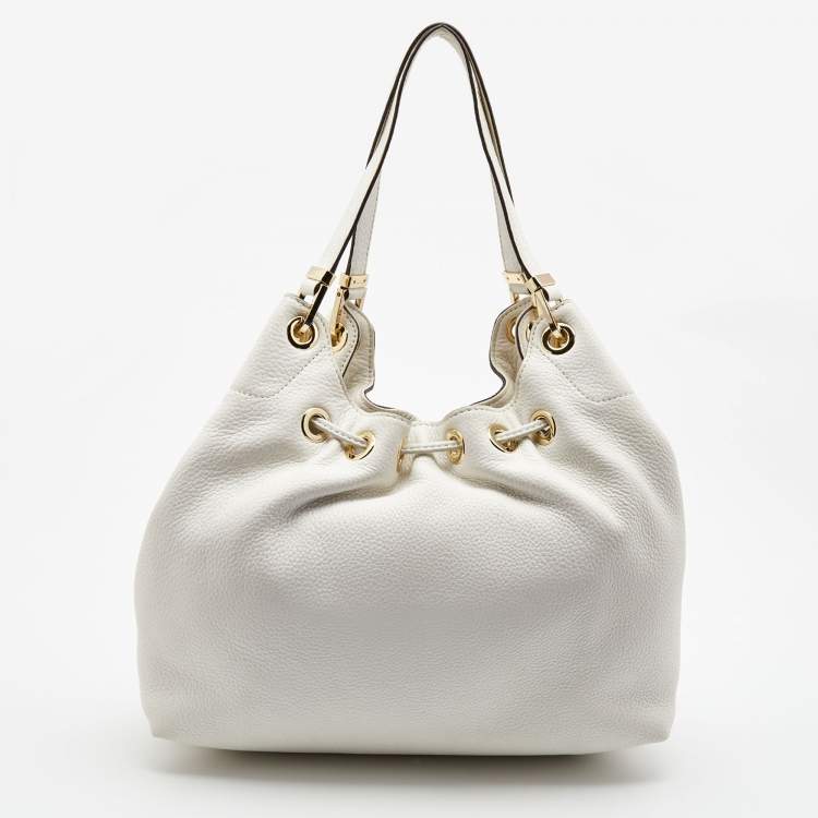 Pre Owned Michael Kors White Leather Camden Drawstring Hobo