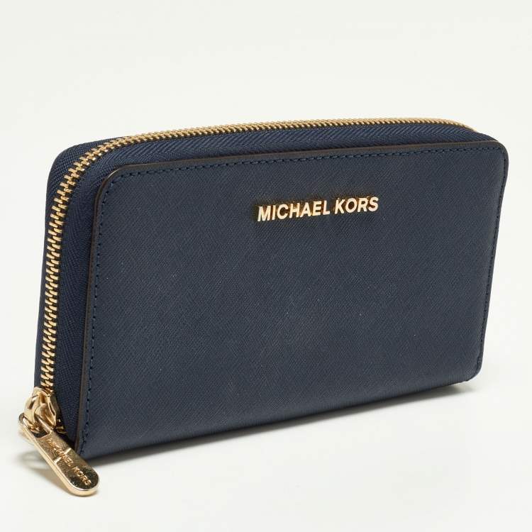 Pre Owned Michael Kors Blue Leather Zip Around Wristlet Wallet