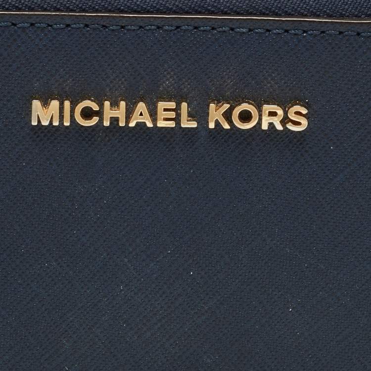 Pre Owned Michael Kors Blue Leather Zip Around Wristlet Wallet