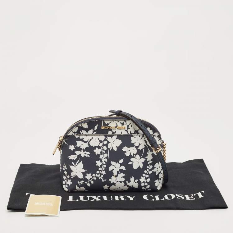 Pre Owned Michael Kors Navy Blue/White Leather Floral Dome Crossbody Bag
