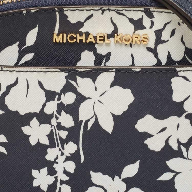Pre Owned Michael Kors Navy Blue/White Leather Floral Dome Crossbody Bag