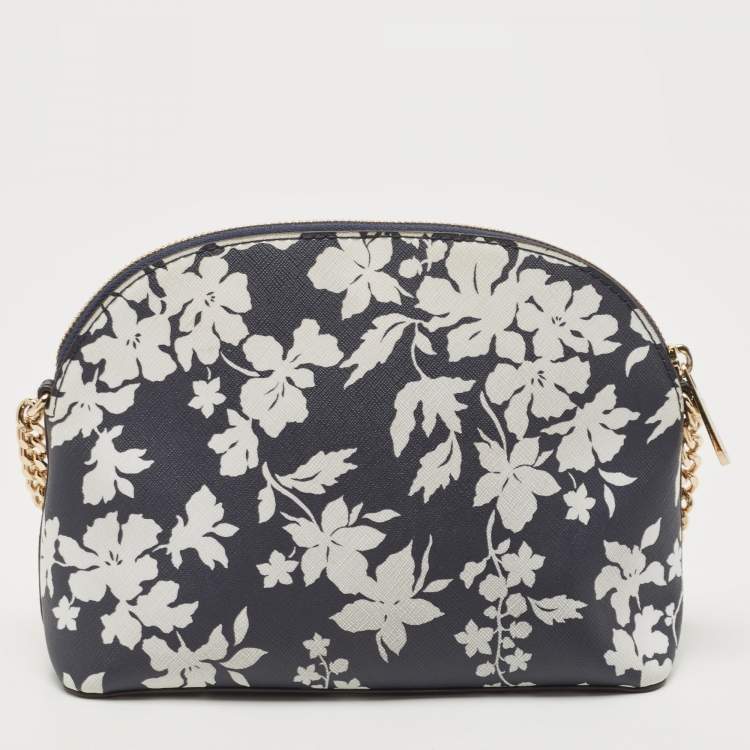 Pre Owned Michael Kors Navy Blue/White Leather Floral Dome Crossbody Bag