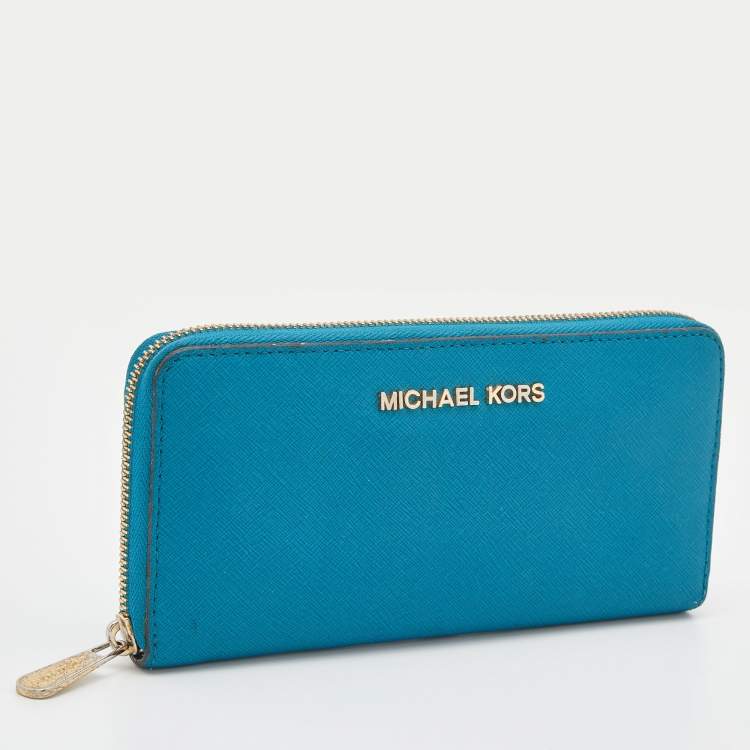Pre Owned Michael Kors Blue Leather Jet Set Zip Around Wallet