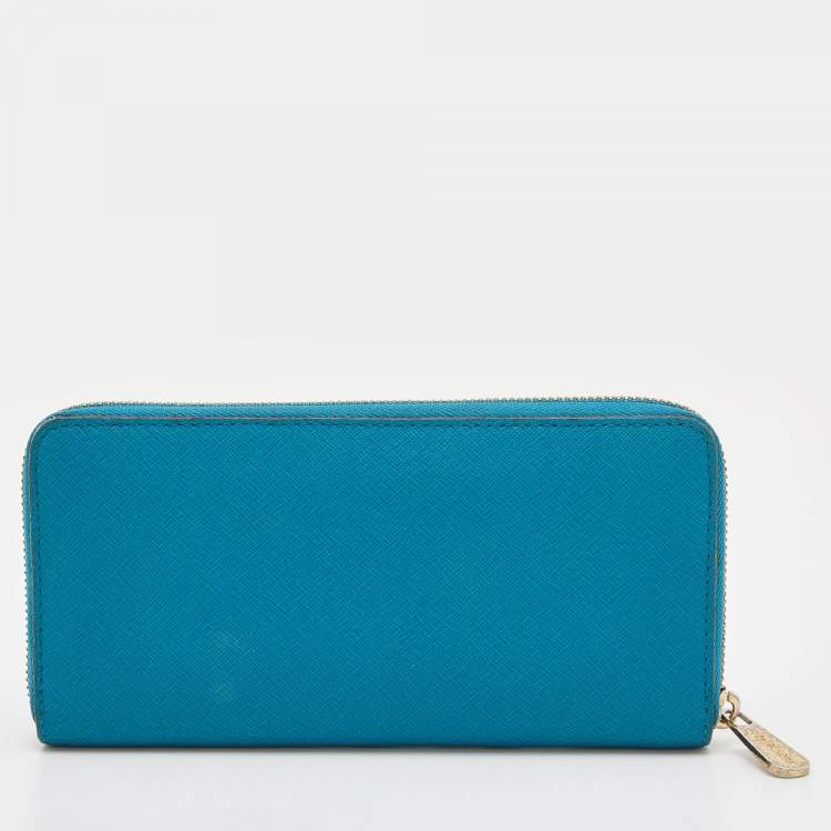 Pre Owned Michael Kors Blue Leather Jet Set Zip Around Wallet