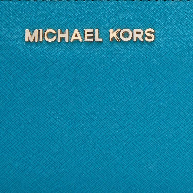 Pre Owned Michael Kors Blue Leather Jet Set Zip Around Wallet