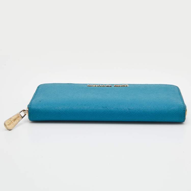 Pre Owned Michael Kors Blue Leather Jet Set Zip Around Wallet