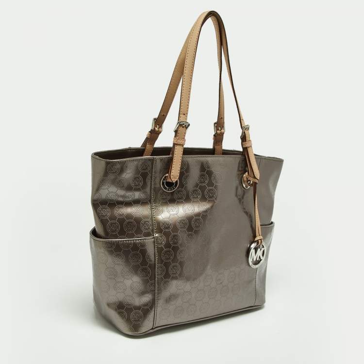Pre Owned MICHAEL Michael Kors Metallic Signature Patent and Leather Jet Set Tote