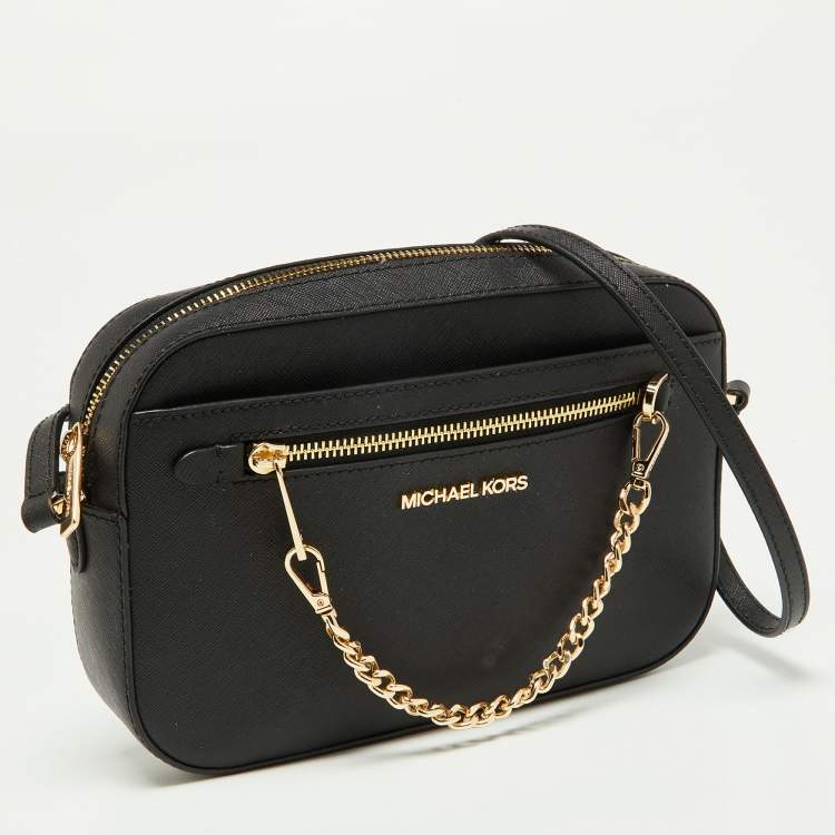 Pre Owned Michael Kors Black Leather Large Jet Set Zip Chain Crossbody Bag
