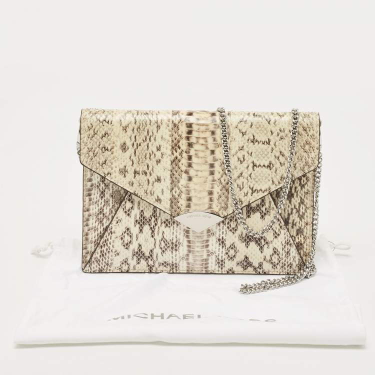 Pre Owned Michael Kors Beige Snakeskin Leather Barbara Chain Clutch