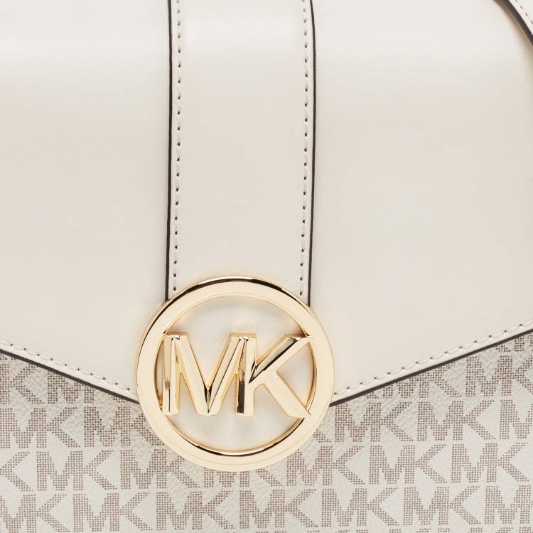Pre Owned Michael Kors Cream Signature Coated Canvas and Leather Carmen Shoulder Bag