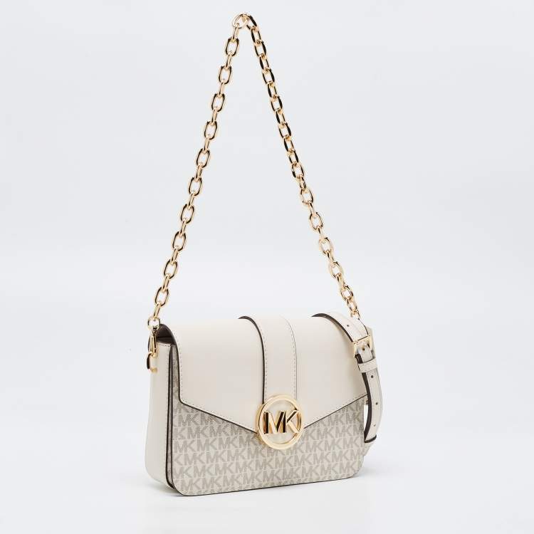 Pre Owned Michael Kors Cream Signature Coated Canvas and Leather Carmen Shoulder Bag