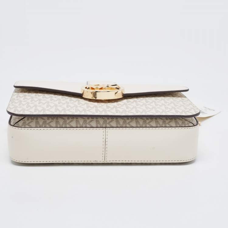 Pre Owned Michael Kors Cream Signature Coated Canvas and Leather Carmen Shoulder Bag