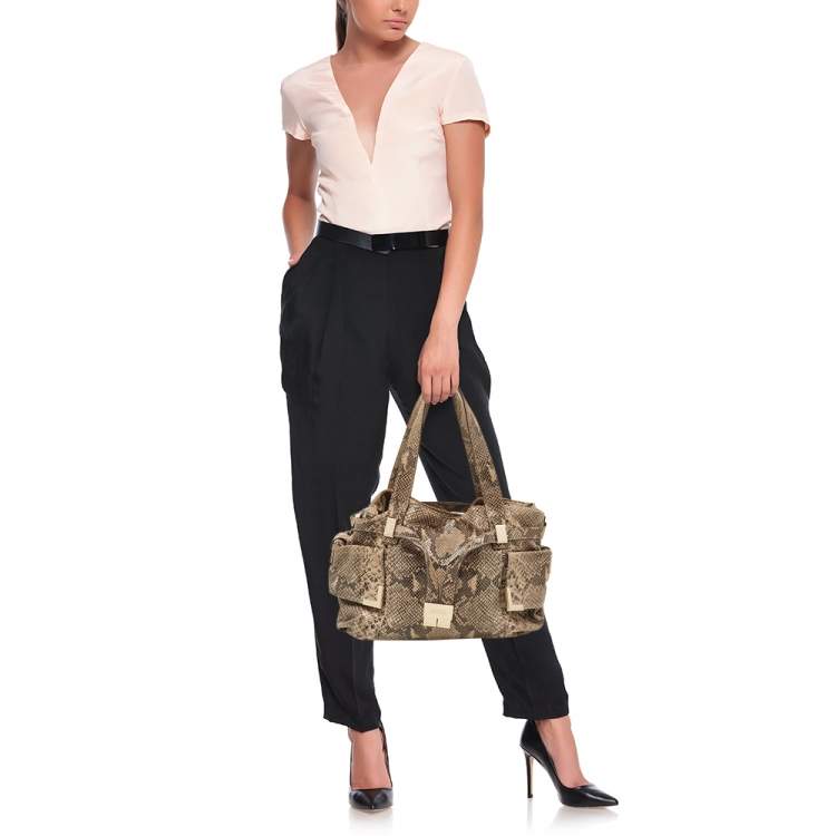Pre Owned Michael Kors Beige/Black Python Effect Leather Satchel