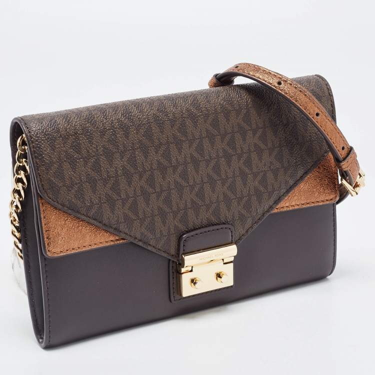 Pre Owned Michael Kors Brown Signature Canvas And Leather Sloan Wallet on Chain