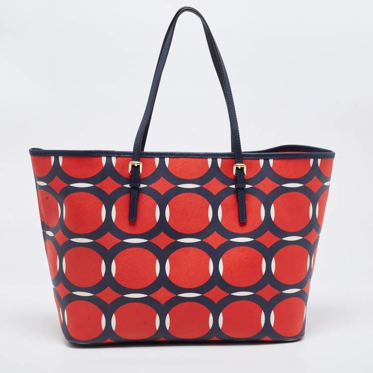 Pre Owned Michael Kors Red/Blue Deco Leather Kempton Tote