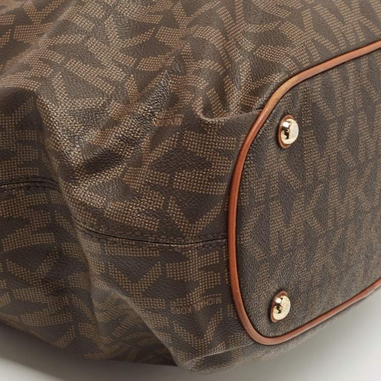 Pre Owned MICHAEL Michael Kors Brown/Tan Signature Coated Canvas and Leather Jet Set Drawstring Bag