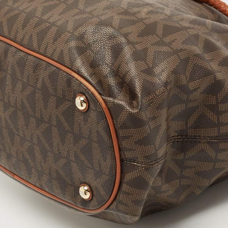 Pre Owned MICHAEL Michael Kors Brown/Tan Signature Coated Canvas and Leather Jet Set Drawstring Bag