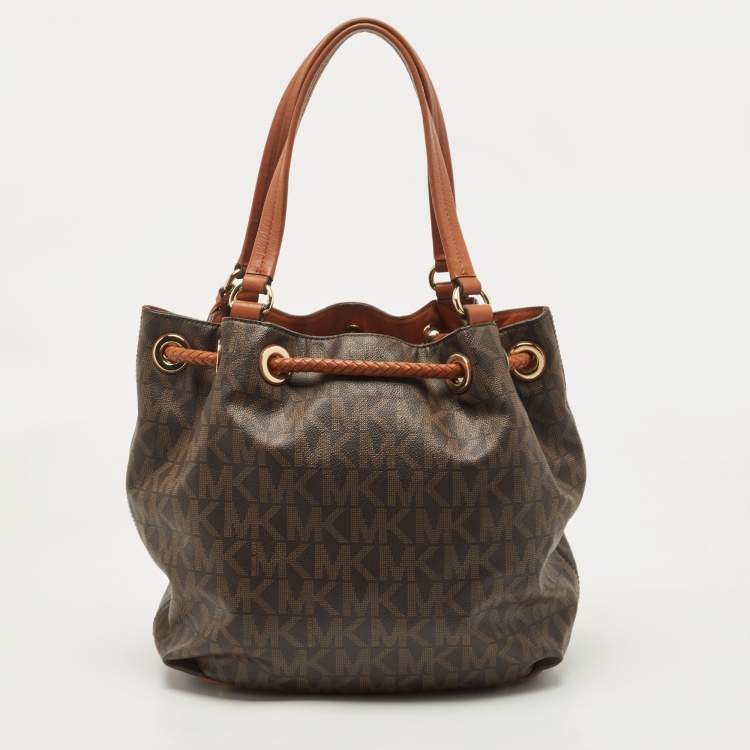 Pre Owned MICHAEL Michael Kors Brown/Tan Signature Coated Canvas and Leather Jet Set Drawstring Bag