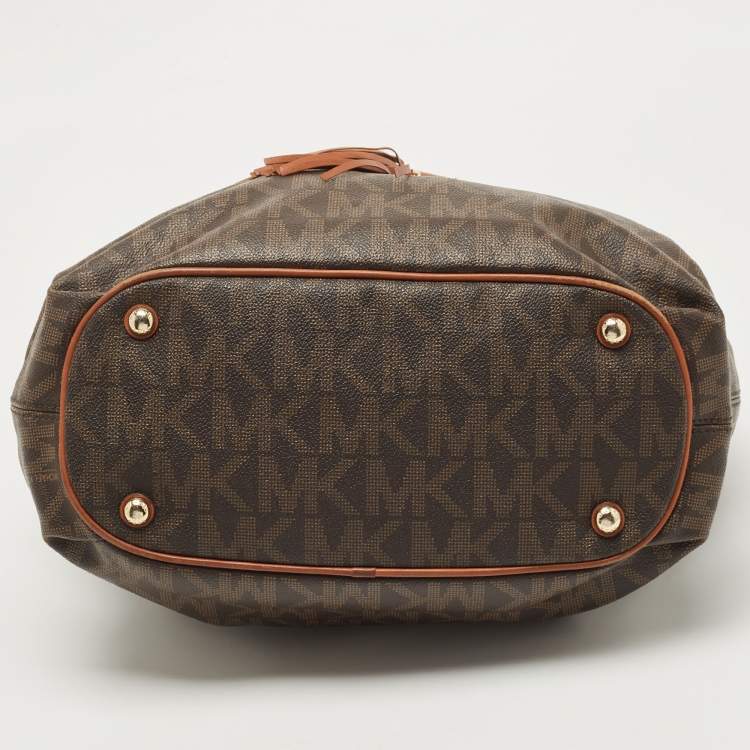 Pre Owned MICHAEL Michael Kors Brown/Tan Signature Coated Canvas and Leather Jet Set Drawstring Bag
