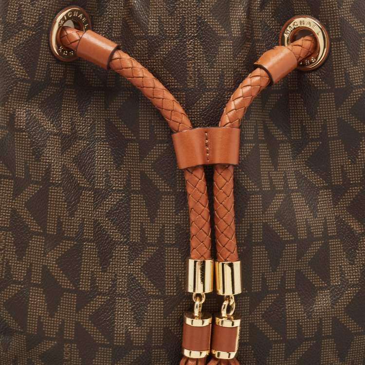 Pre Owned MICHAEL Michael Kors Brown/Tan Signature Coated Canvas and Leather Jet Set Drawstring Bag