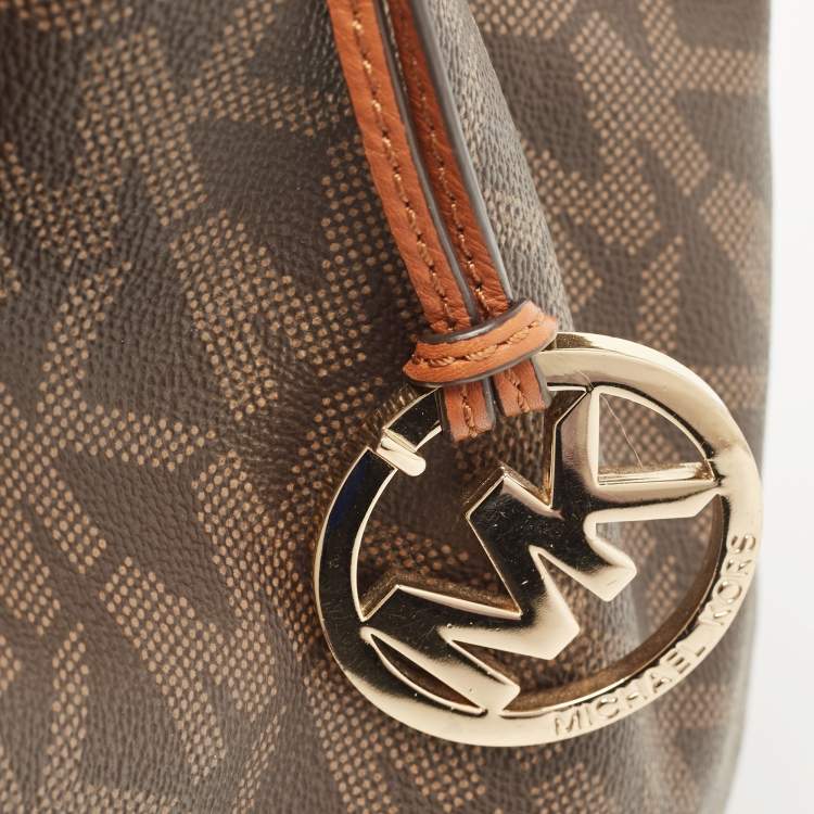 Pre Owned MICHAEL Michael Kors Brown/Tan Signature Coated Canvas and Leather Jet Set Drawstring Bag