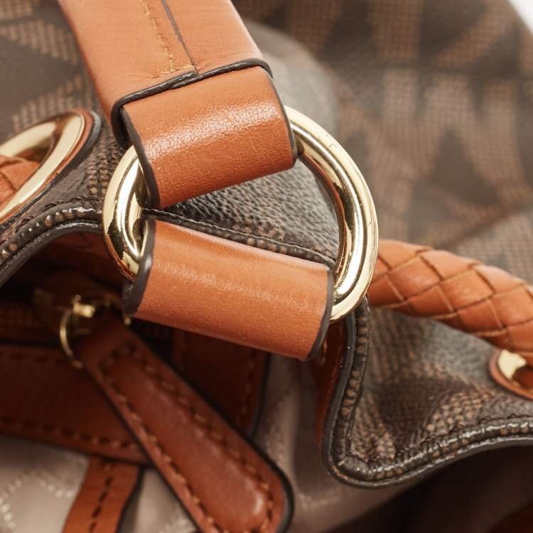 Pre Owned MICHAEL Michael Kors Brown/Tan Signature Coated Canvas and Leather Jet Set Drawstring Bag