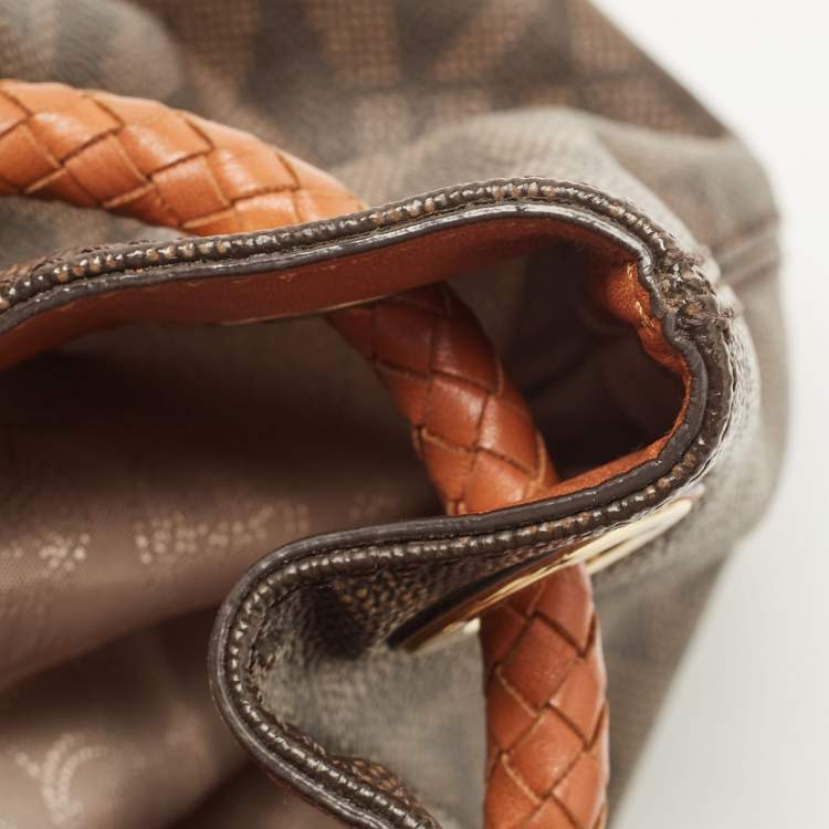 Pre Owned MICHAEL Michael Kors Brown/Tan Signature Coated Canvas and Leather Jet Set Drawstring Bag