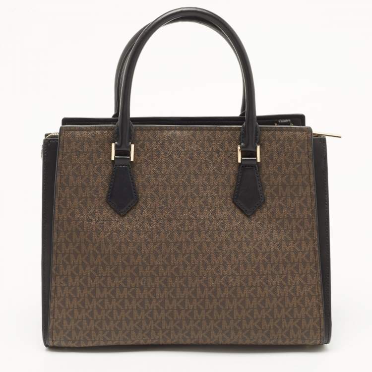 Pre Owned Michael Kors Brown Signature Coated Canvas and Leather Large Hope Tote