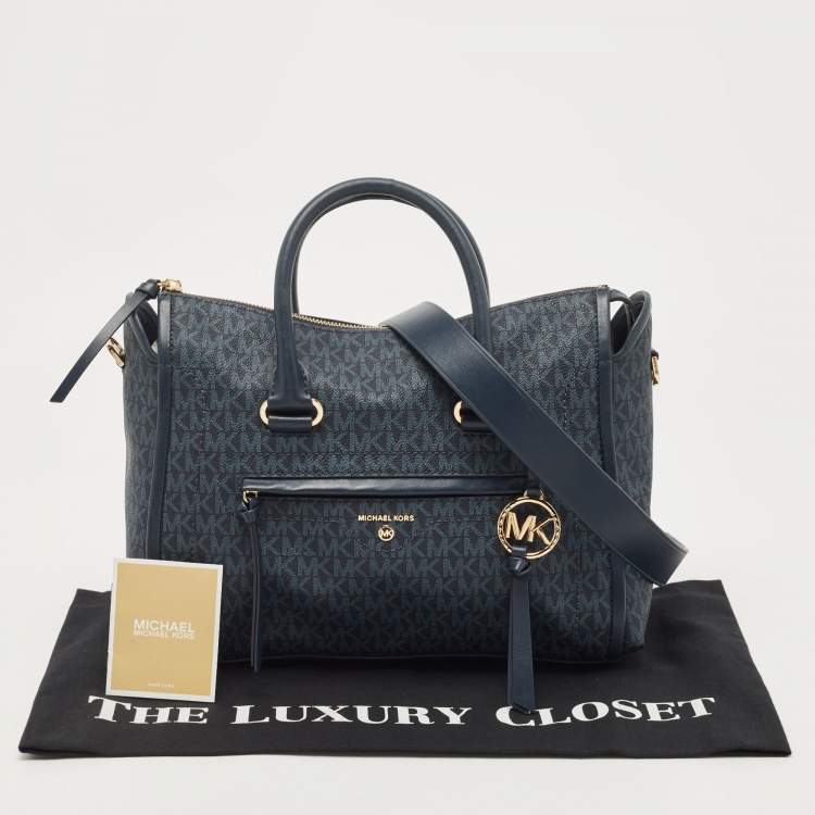 Pre Owned Michael Kors Blue Signature Coated Canvas and Leather Medium Carine Satchel
