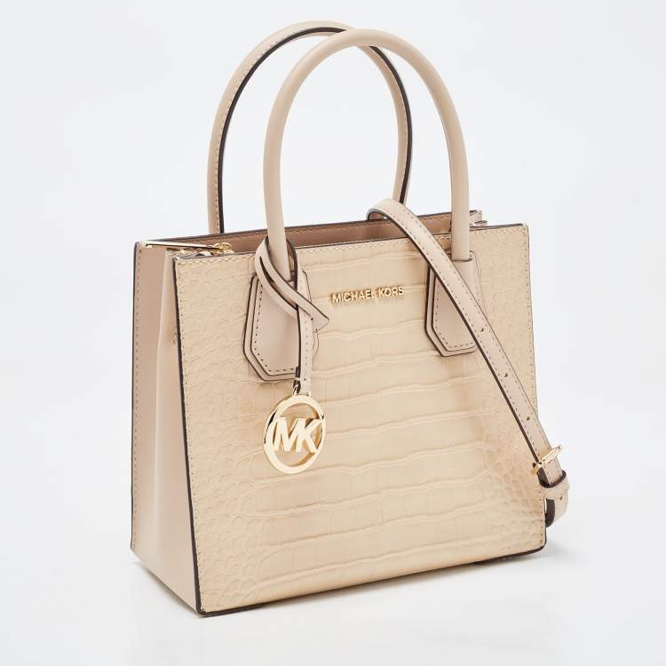 Pre Owned Michael Kors Beige Croc Embossed Leather Small Mercer Tote