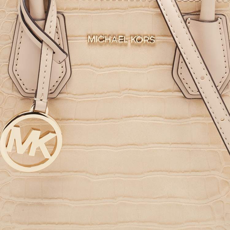 Pre Owned Michael Kors Beige Croc Embossed Leather Small Mercer Tote
