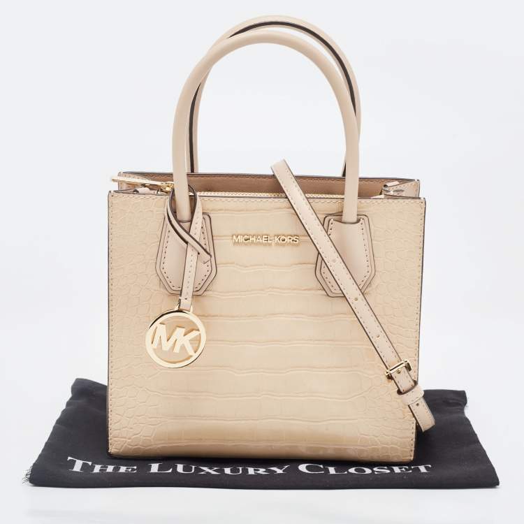 Pre Owned Michael Kors Beige Croc Embossed Leather Small Mercer Tote