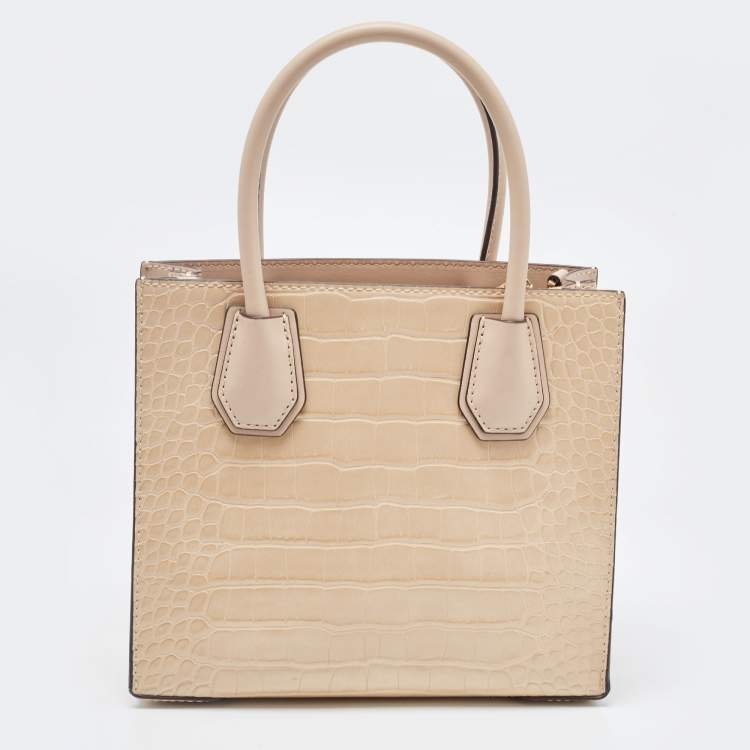 Pre Owned Michael Kors Beige Croc Embossed Leather Small Mercer Tote