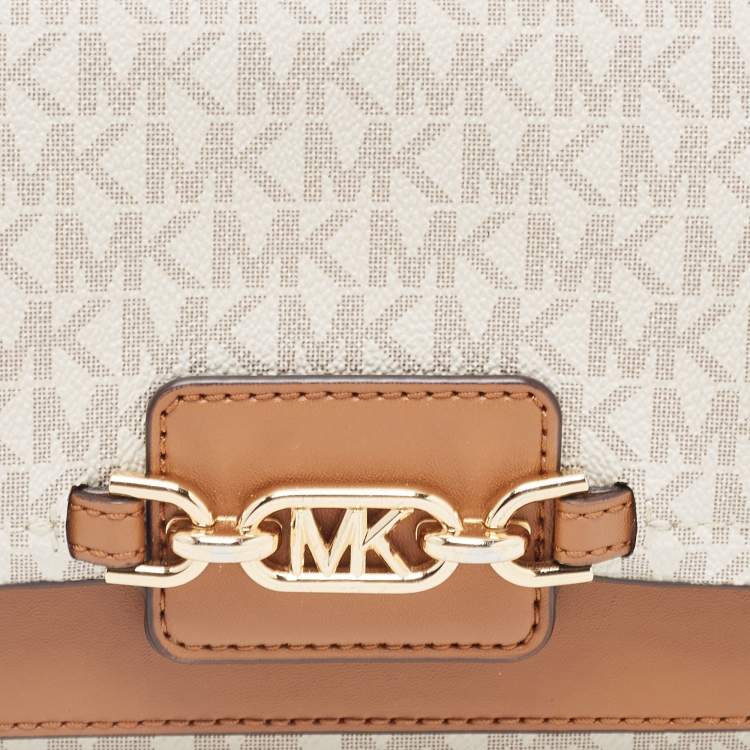 Pre Owned Michael Kors Ivory/Tan Signature Coated Canvas and Leather Heather Shoulder Bag