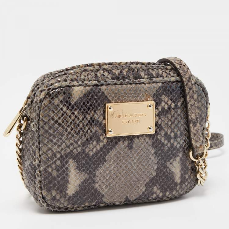 Pre Owned Michael Kors Grey Python Embossed Laminated Suede  Logo Camera Crossbody Bag