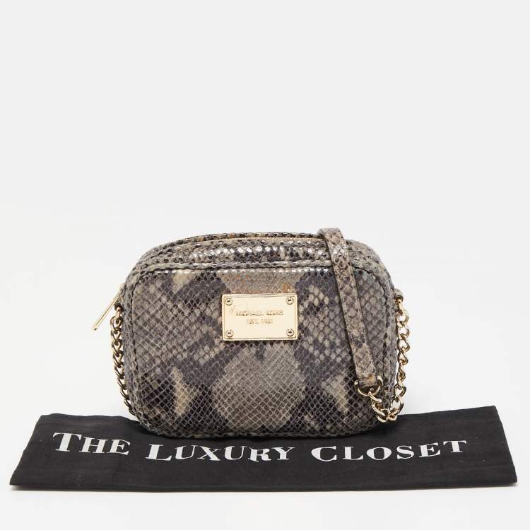 Pre Owned Michael Kors Grey Python Embossed Laminated Suede  Logo Camera Crossbody Bag
