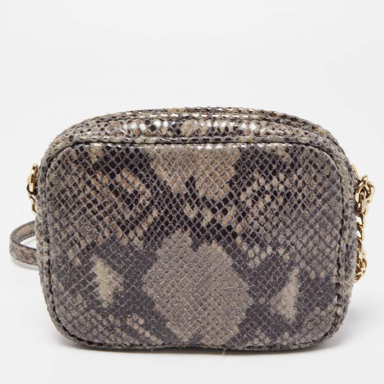 Pre Owned Michael Kors Grey Python Embossed Laminated Suede  Logo Camera Crossbody Bag
