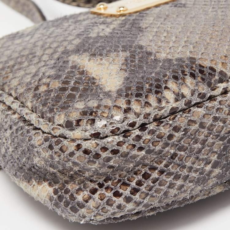 Pre Owned Michael Kors Grey Python Embossed Laminated Suede  Logo Camera Crossbody Bag