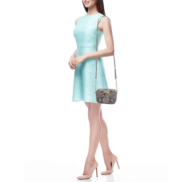 Pre Owned Michael Kors Grey Python Embossed Laminated Suede  Logo Camera Crossbody Bag